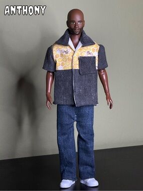 Handcrafted western style chambray doll shirt with honeycomb and bee print-OOAK